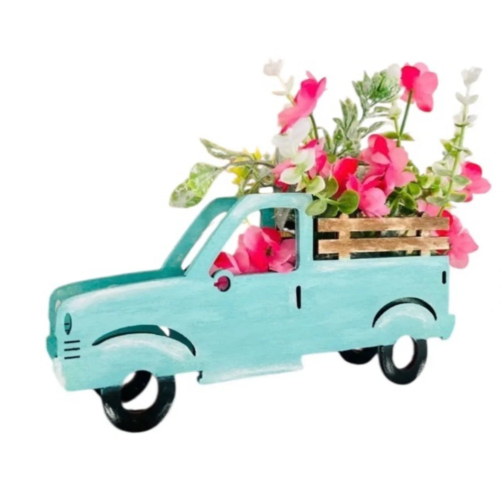 New! Artisan created wooden pickup truck with florals farmhouse flowers decor